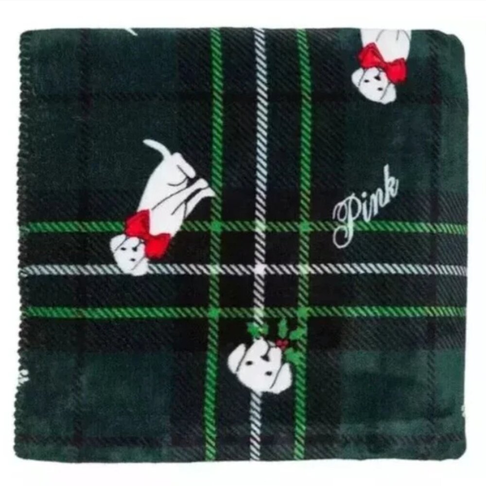 Victoria’s Secret PINK Dog Logo Christmas Green Fleece Sherpa Blanket 50" x 60"